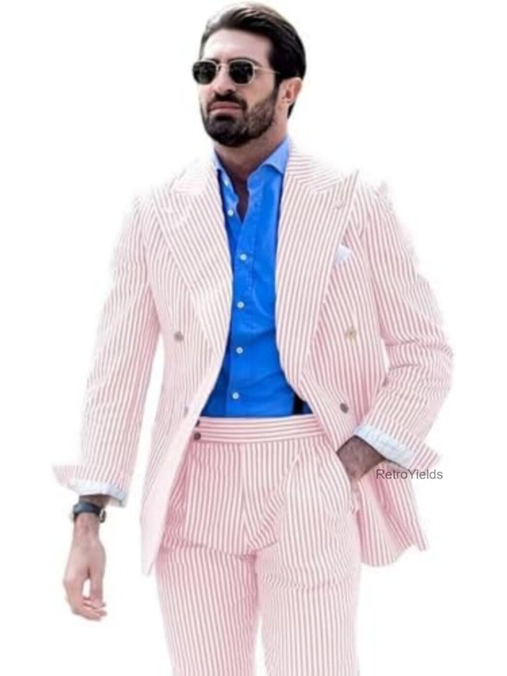 2 Piece Seersucker Suit Men Slim Fit Wedding Tuxedo Summer Beach Leisure